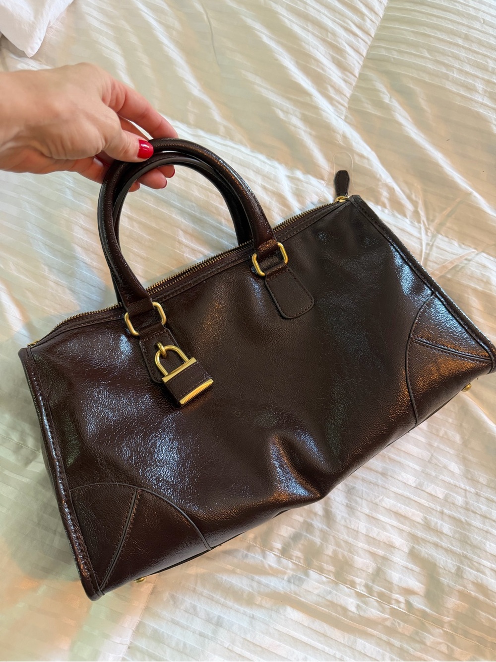 Mango Dark Brown Leather Satchel with Gold Hardware